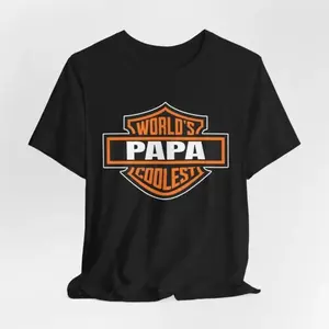 World's Coolest Papa Motorcycle Dad T-Shirt, Back Print Biker Tee, Father's Day Birthday Gift for Grandpa, Mens Retro Harley Style Top PLK0042