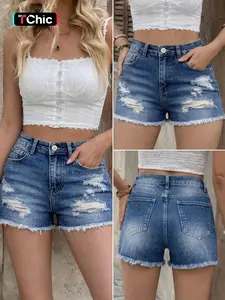 Women's Ripped Denim Shorts, Denim Shorties, Fitted Casual Fashion Pocket Design Short Jeans for Daily Wear, Ladies Bottoms for Summer