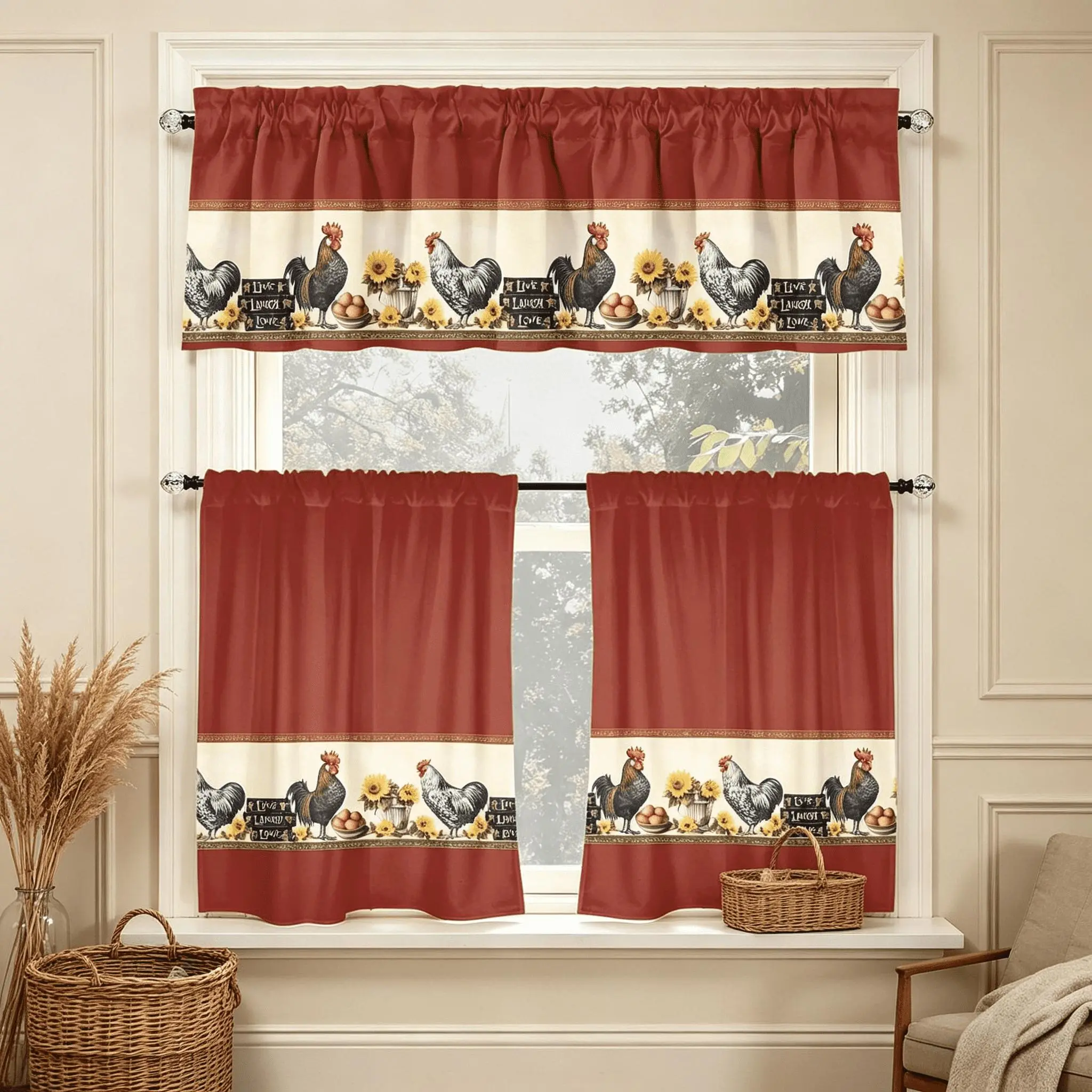 SoftHaven 3-Piece Rooster Print Kitchen Curtains, USA-Made Farmhouse Rustic Semi-Sheer 1.5m Drapes, Floral Geometric Pattern, Earthy-Tone Rod Pocket, Durable 100% Polyester, Machine-Wash Easy, Ideal for Kitchens/Cafes Window Decor Ideas