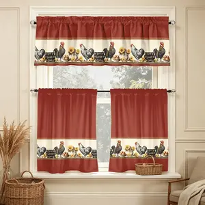 SoftHaven 3-Piece Rooster Kitchen Curtains, USA-Made Rustic Farmhouse Semi-Sheer Drapes with Rooster & Floral Geometric Print, Earthy Tone Rod Pocket, 100% Polyester, Machine Washable, Ideal Window Decor for Kitchen, Living Room,summervibes