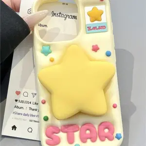 Slide-out mirror yellow star stand iPhone 17/16 phone case, suitable for Apple 15/14promax soft case, 17 dopamine niche Japanese and Korean fun new mirror summer style. Smartphone Cellphone