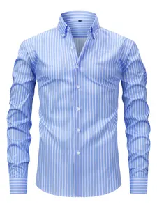 Men's Classic Striped Long Sleeve Button Front Collared Shirt, Business Casual, Wrinkle-Resistant, Loose Fit, Suitable for Office, Meetings, Daily Wear