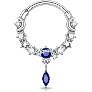 16G Septum Rings Dangle Septum Jewelry with Blue Planet Clear CZ Stainless Steel 316L Daith Piercing Jewelry Moon Septum Piercing Helix Earring for Women