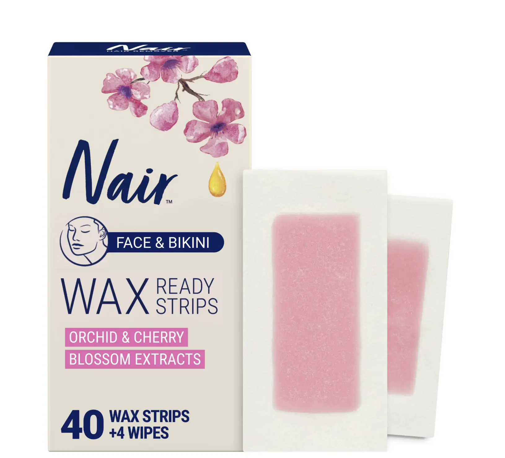 Nair Wax Ready Strips, Face and Bikini Hair Removal Wax Strips, Plus 4 Post Wipes, 40 Count