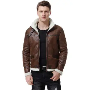 Men's Faux Leather Jacket Brown Motorcycle Bomber Shearling Suede Stand CollarGift