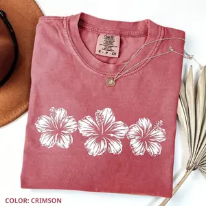 Comfort Colors Hibiscus Flower Shirt, Tropical Floral T-Shirt, Beach Tee, Summer Vibes Coastal Tee, Oversized Tee, Women's Print Short Sleeve Tee