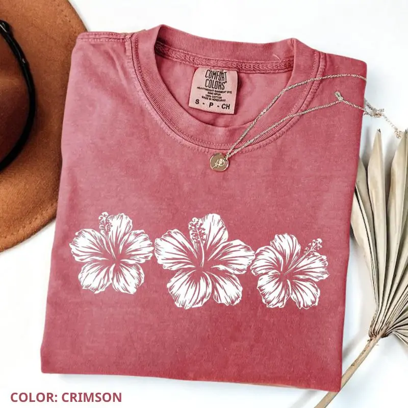 Comfort Colors Hibiscus Flower Shirt, Tropical Floral T-Shirt, Beach Tee, Summer Vibes Coastal Tee, Oversized Tee, Women's Print Short Sleeve Tee