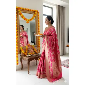 Exquisite  Handwoven Katan Silk Saree Dual Pink with sona rupa zari - Silk Mark certified