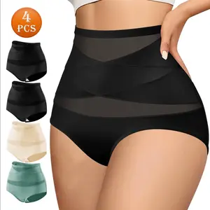 QUASTI 4-Piece High-Waisted Crossover Tummy Control Panties, Soft and Breathable, Highly Elastic and Silky, Skin-Friendly, Lifts and Shapes the Tummy, Sizes S-XXL