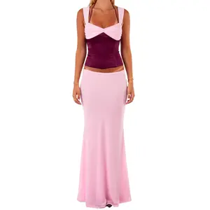 Women 2-Piece Summer Outfits Contrast Colors Tie up Back Ruched Tank Tops and Long Skirt Set for Streetwear Polyester Halter
