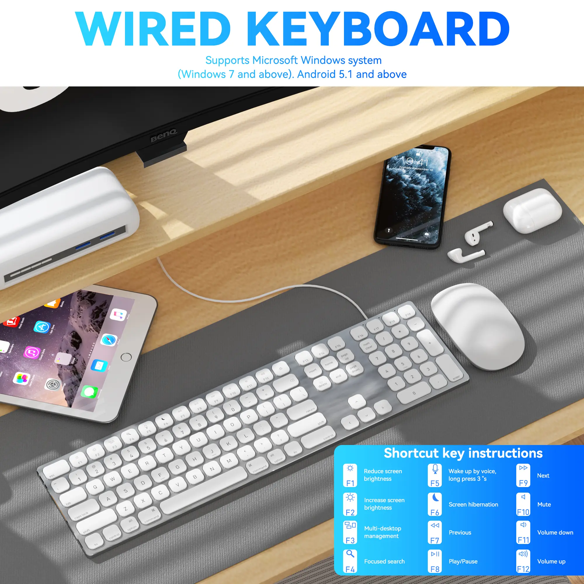 Full Size Ultra-Thin Aluminum Alloy Wired PC Keyboard - Silent Keys, USB-C Connect, Chic Aesthetics, Quiet Typing Experience, Sleek Durable Design for Windows Laptops, Office & Travel Use