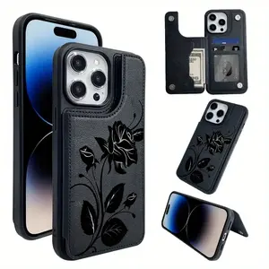 Phone Case with PU Wallet Rose silhouette pattern for iPhone 17 16 15 14 13 12 PRO MAX PLUS,AIR  - Premium Fashion Wallet Case with Card Slot, Daily Essentials, Travel Accessory, Trendy Accessory, Elegant Design, Softtouch Feel
