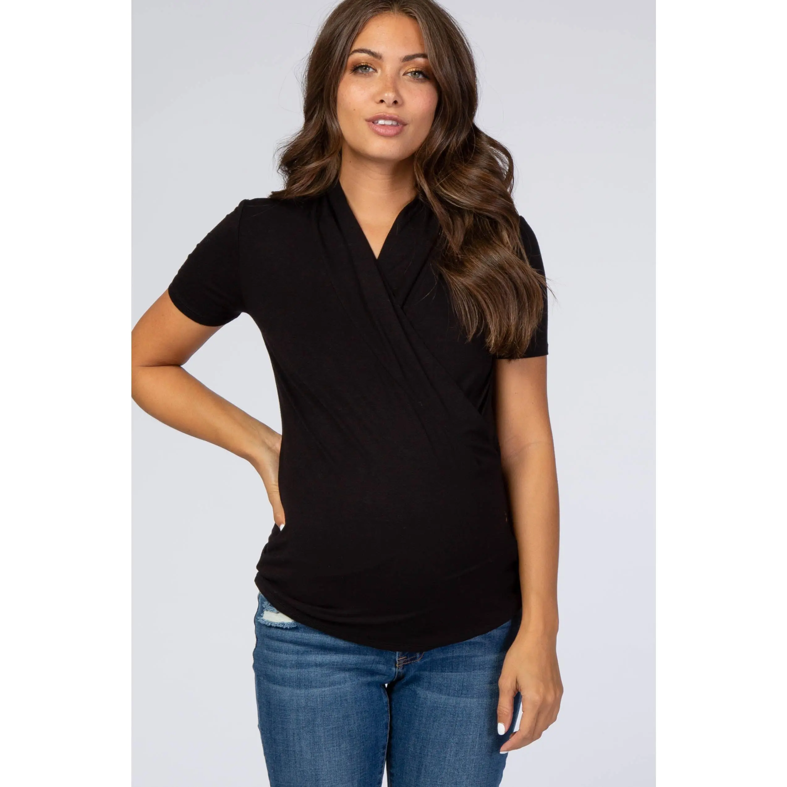 Black Solid Short Sleeve Wrap Front Maternity/Nursing Top