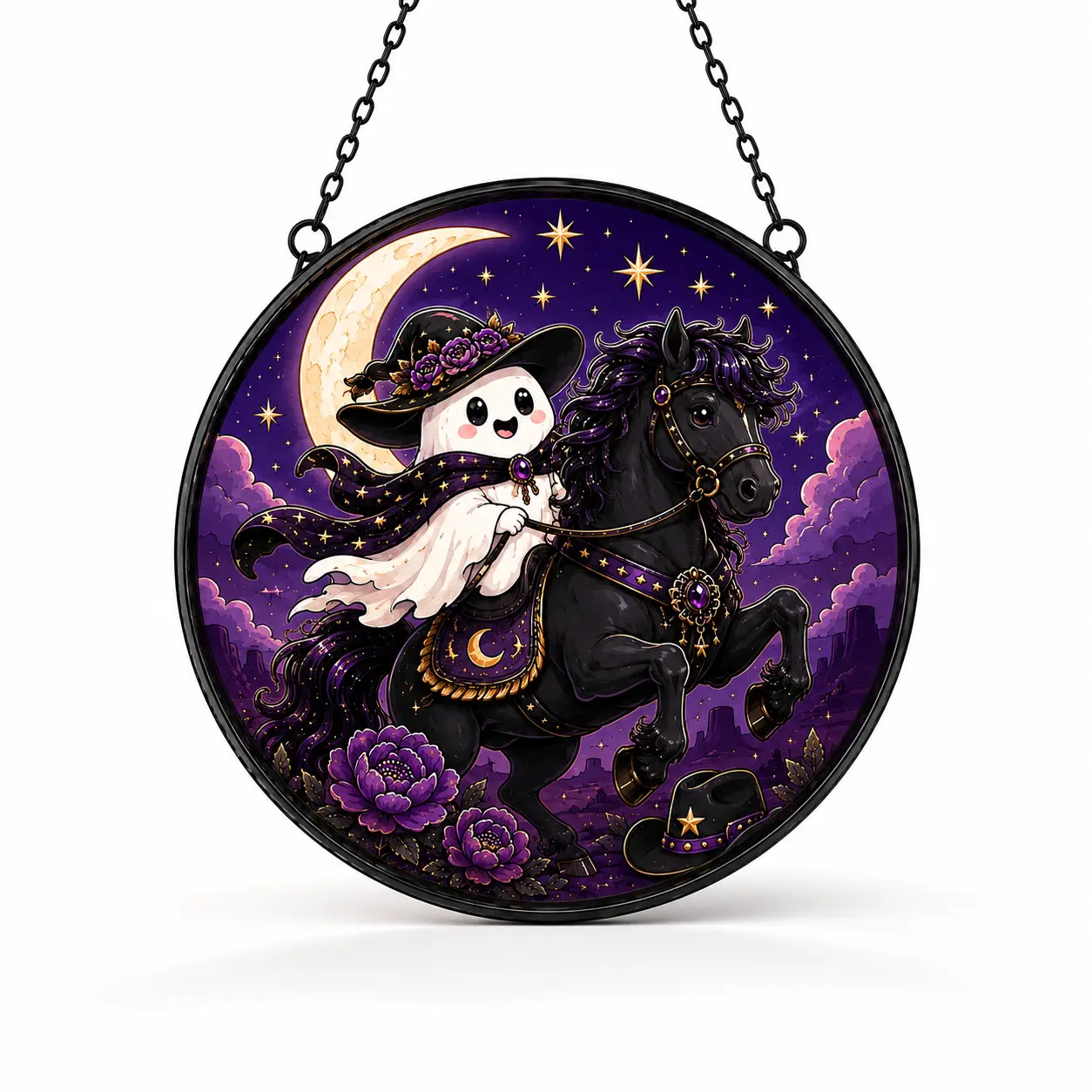 Halloween Ghost Horse Suncatcher, Cute Witch Ghost Riding Black Horse Window Hanging, Crescent Moon Stained Glass Style Decor, Gothic Spooky Halloween Home Decoration, Fall Window Ornament, Halloween Gift