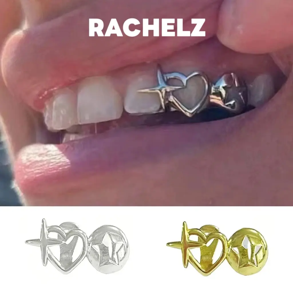 Y2K Vintage Double Hollow Heart Star Teeth Grillz Hip Hop Glossy Cross Tooth Caps For Women Men Jewelry Cosplay Gift