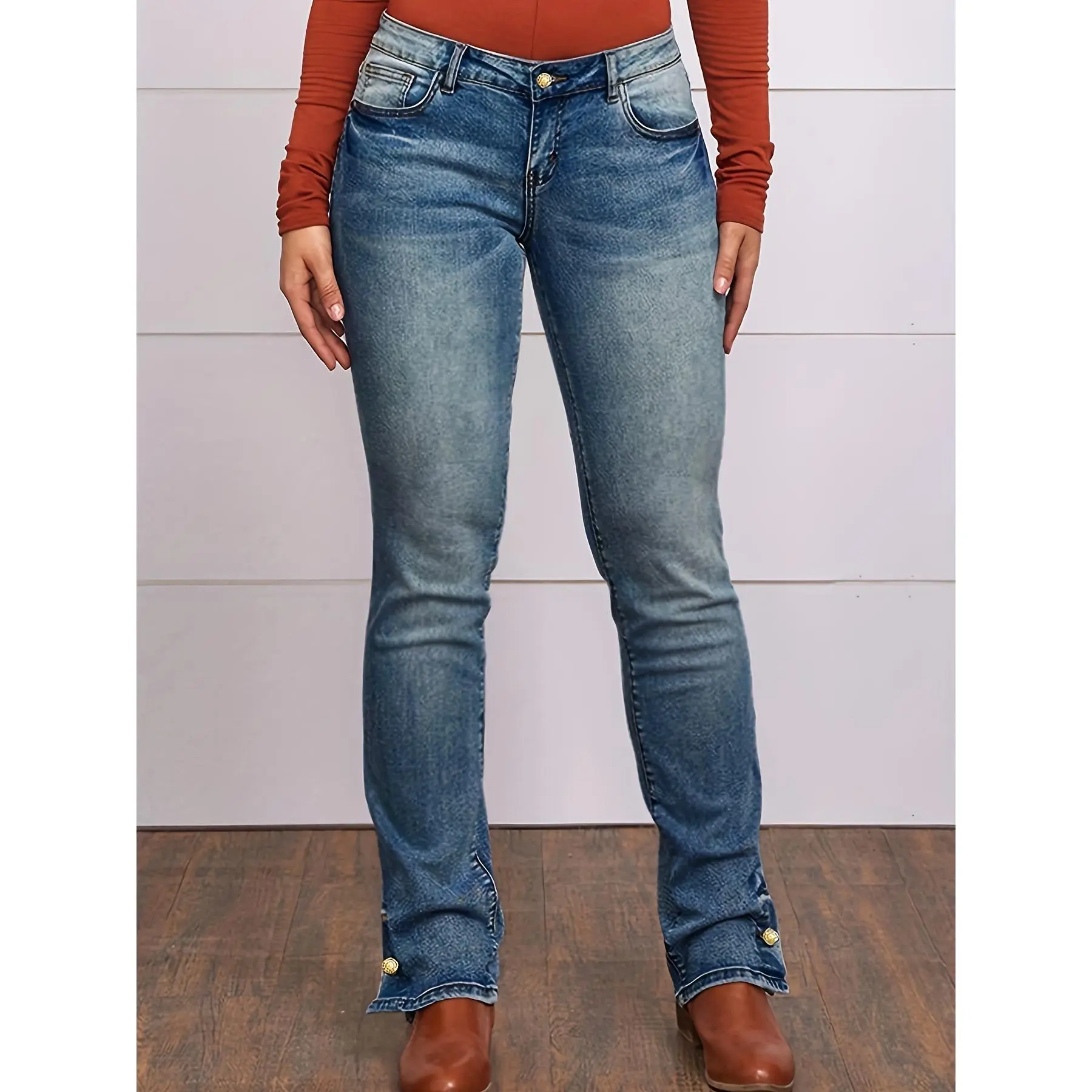 Women'S High-elasticity Split Washed Denim Trousers, A Trendy Streetwear Style