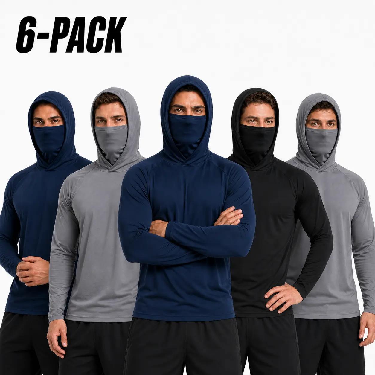 Men's 6-Pack Lightweight Work Hoodies with Built-In Face Cover, Long-Sleeve Pullover Set for Yard Work, Landscaping and Outdoor Jobs Dark Gray Hoodies