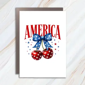 America Cherries Greeting Card, July 4th Patriotic Design With Red White Blue Stars JC2