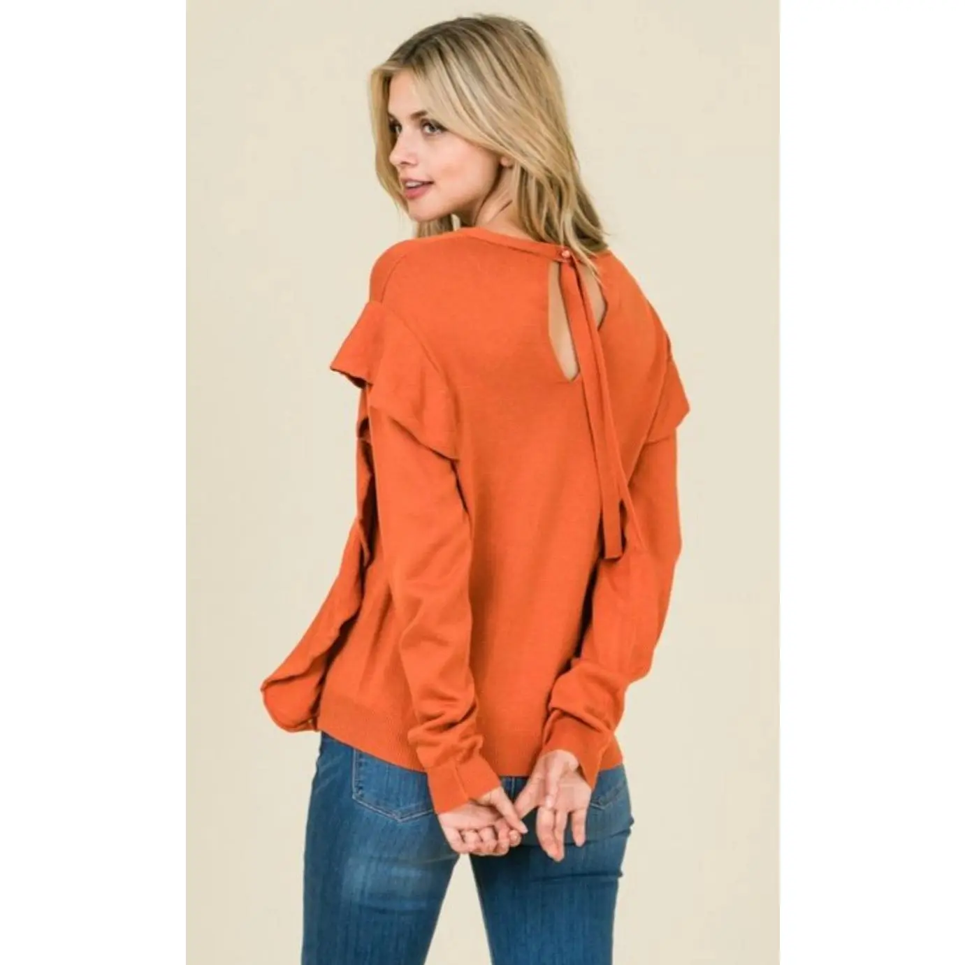 Lady's Ruffled Shoulder Sweater, Casual Orange Rust Pullover in Cotton-Blend Fabric with Back Tie, Knitwear, Clothes, Acrylic, Small, Comfy, Tops, Women, Back Tie Neck, Soft