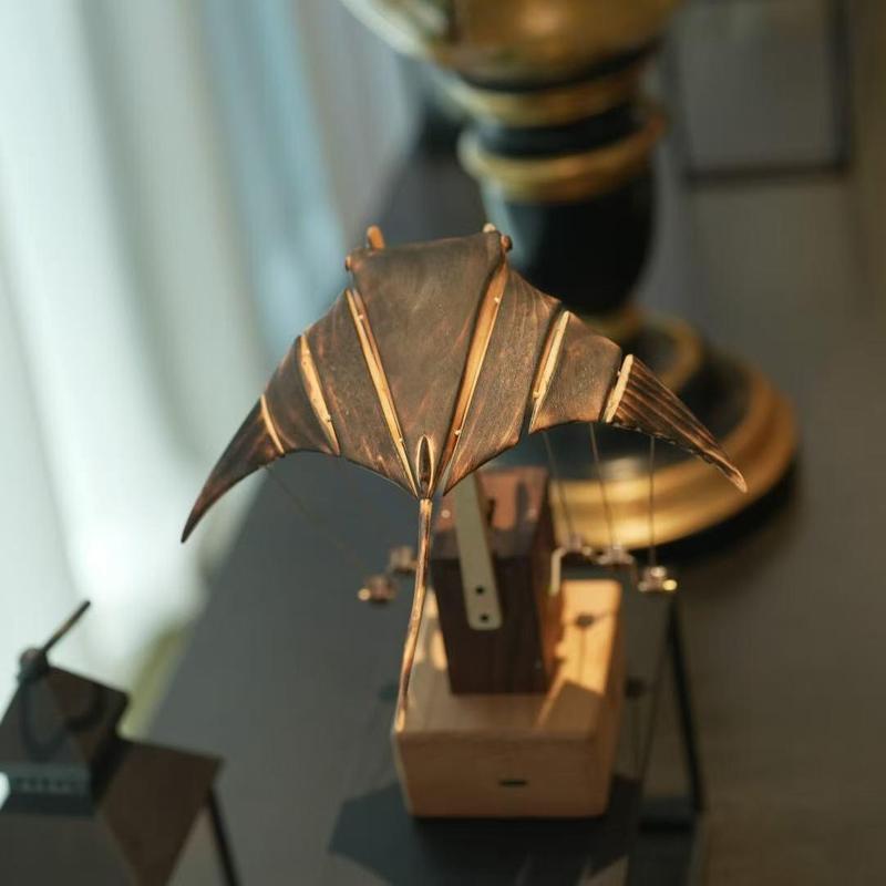 Handmade Wooden Manta Ray Automaton with Internal Gear Christmas and Balck Friday gifts Statue Decor 9.4 in x 7.1 in Silent Non-Music Version USB-C Rechargeable Battery