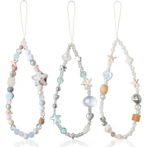 P-PCS04    3 Pcs Beaded Camera Wrist Strap Set Cute Ocean Shell Digital Camera Charm Lanyard Phone Charms Strap Accessories for Women Phone Bag Keychain Gifts