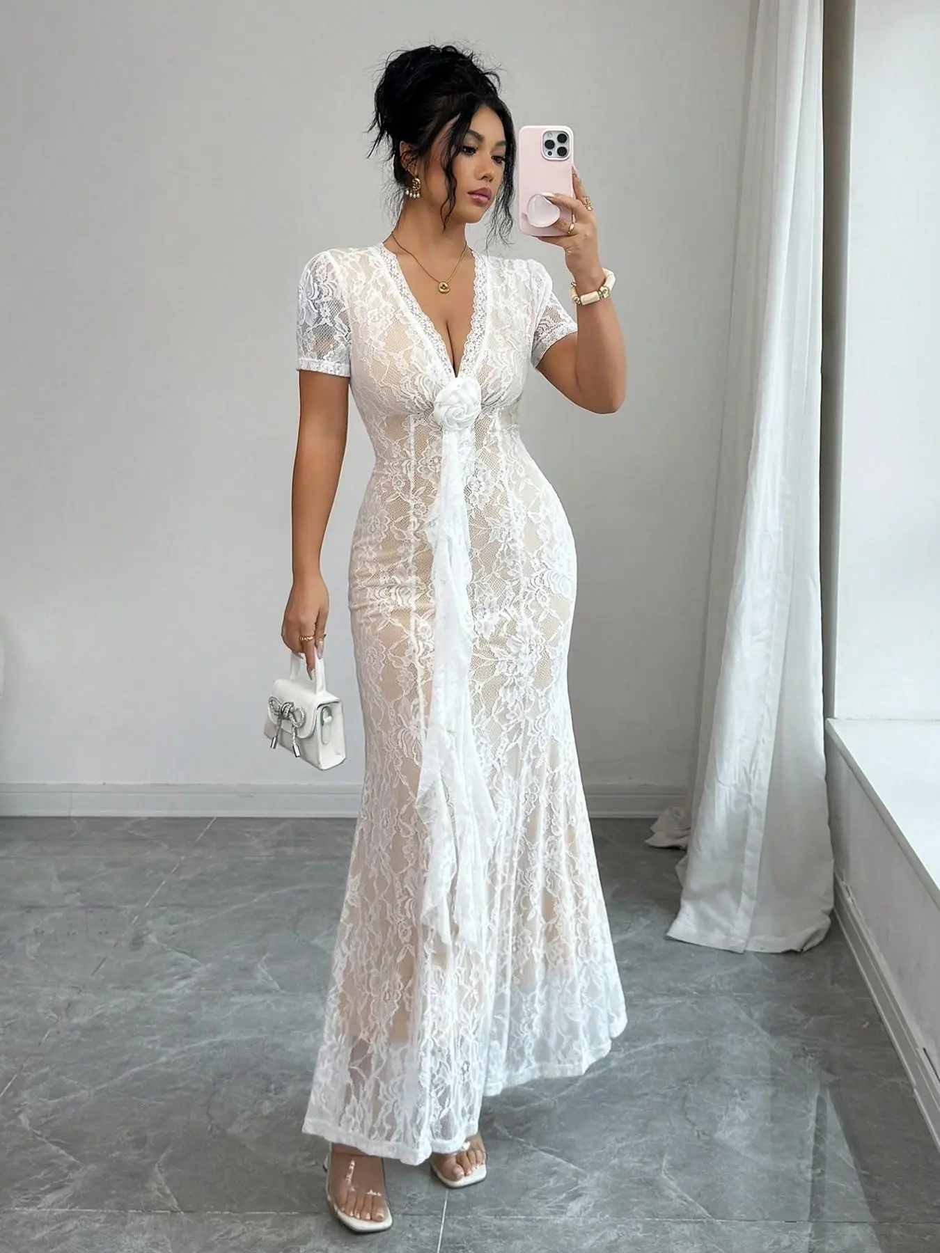 Women's Elegant White Lace Deep V-Neck Short-Sleeve Dress for Women, Bodycon Fit with Cutout Women's Elegant White Lace Deep V-Neck Short-Sleeve Dress for Women, Bodycon Fit with Cutout
