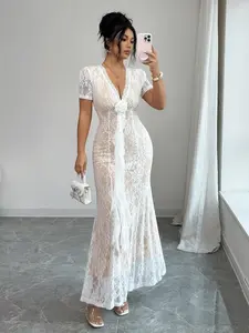 Women’s Elegant White Lace Deep V-Neck Short-Sleeve Dress for Women, Bodycon Fit with Cutout Details and 3D Floral Embellishments; A Comfortable Casual Summer Dress Suitable for Wedding Guests, Banquets, Parties, Dates, and Everyday Wear.