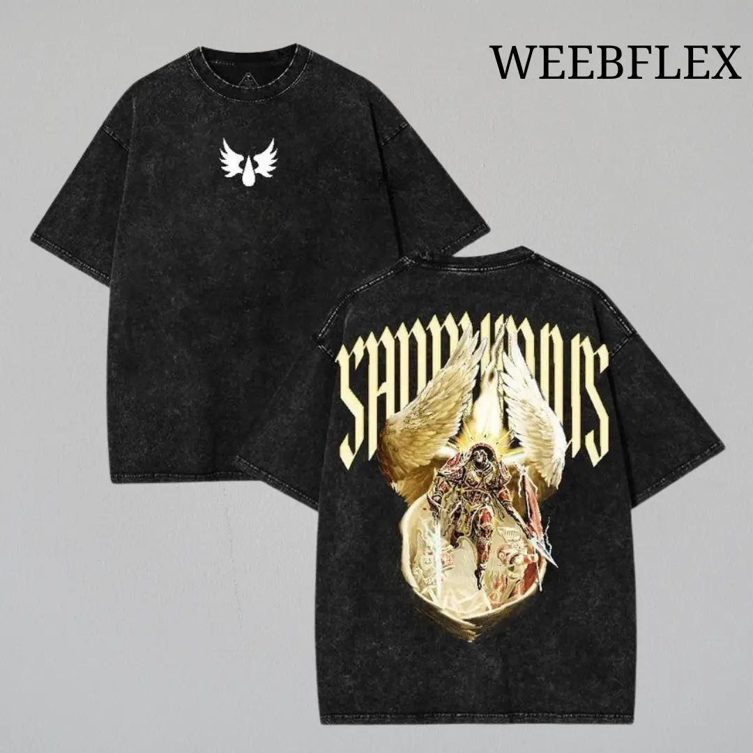 Warhammer 40K Graphic Tee, Sanguinius Blood Angels Primarch Oversized Vintage Washed Shirt, Unisex Streetwear Wargame Fan Merch