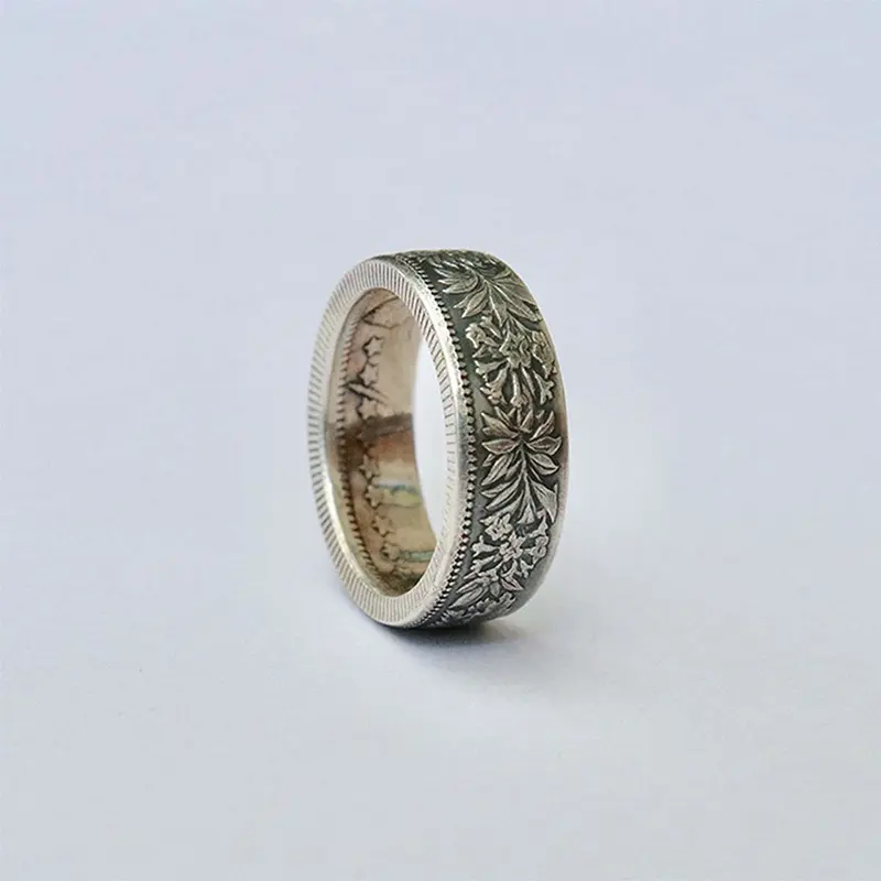 Edelweiss Printed Handmade Silver-Titanium Steel Costume Ring - Unisex Vintage Rustic Distressed Promise Ring for Adults, Elegant Fashion Accessory, Unique Jewelry, Sizes 6-10