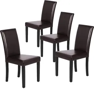 (Set of 4) Dining Chairs Side PU Cushion Chairs with Waterproof Surface and Wood Legs for Kitchen Restaurant and Living Room, Brown