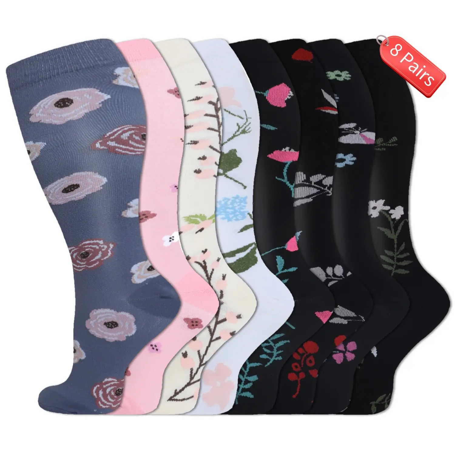 Isunie 8 Pairs Wide Calf Compression Socks for Women&Men Plus Size 15-20mmHg Knee High Large Support Stockings for Circulation, Summer Deal