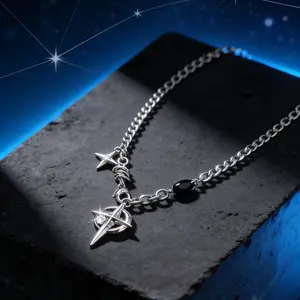 Silver Titanium Steel Star Moon Pendant Necklace Black Accent Cuban Link Chain Unisex Streetwear Clavicle Necklace