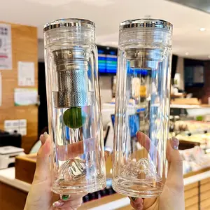 400ml High Borosilicate Double Wall Glass Tea Tumbler, Drinkware, Mountain View Design Unisex Business Style Tea Cup with Infuser, Food Grade BPA Free Lead Free Heat Resistant Tea Water Separation Brewing Cup, Ideal Gift for Home Office Travel Daily