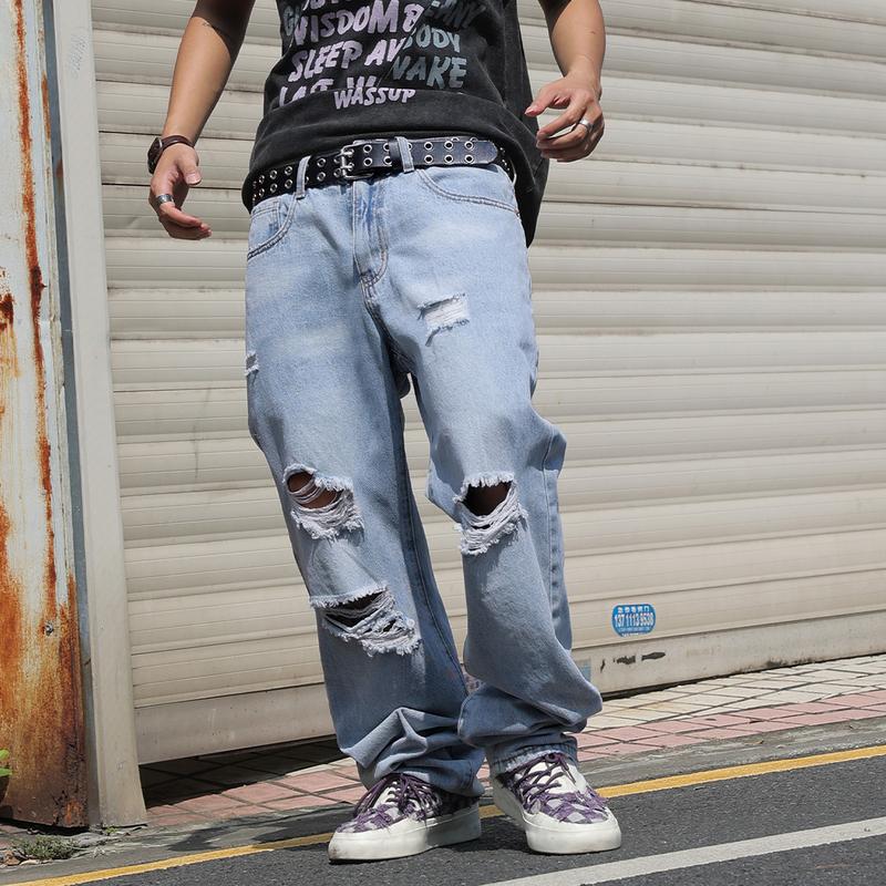 MZNBURAM Men's Ripped Non-Stretch Relaxed Fit Straight-Leg Denim Pants Jeans-Menswear Streetwear Trouser