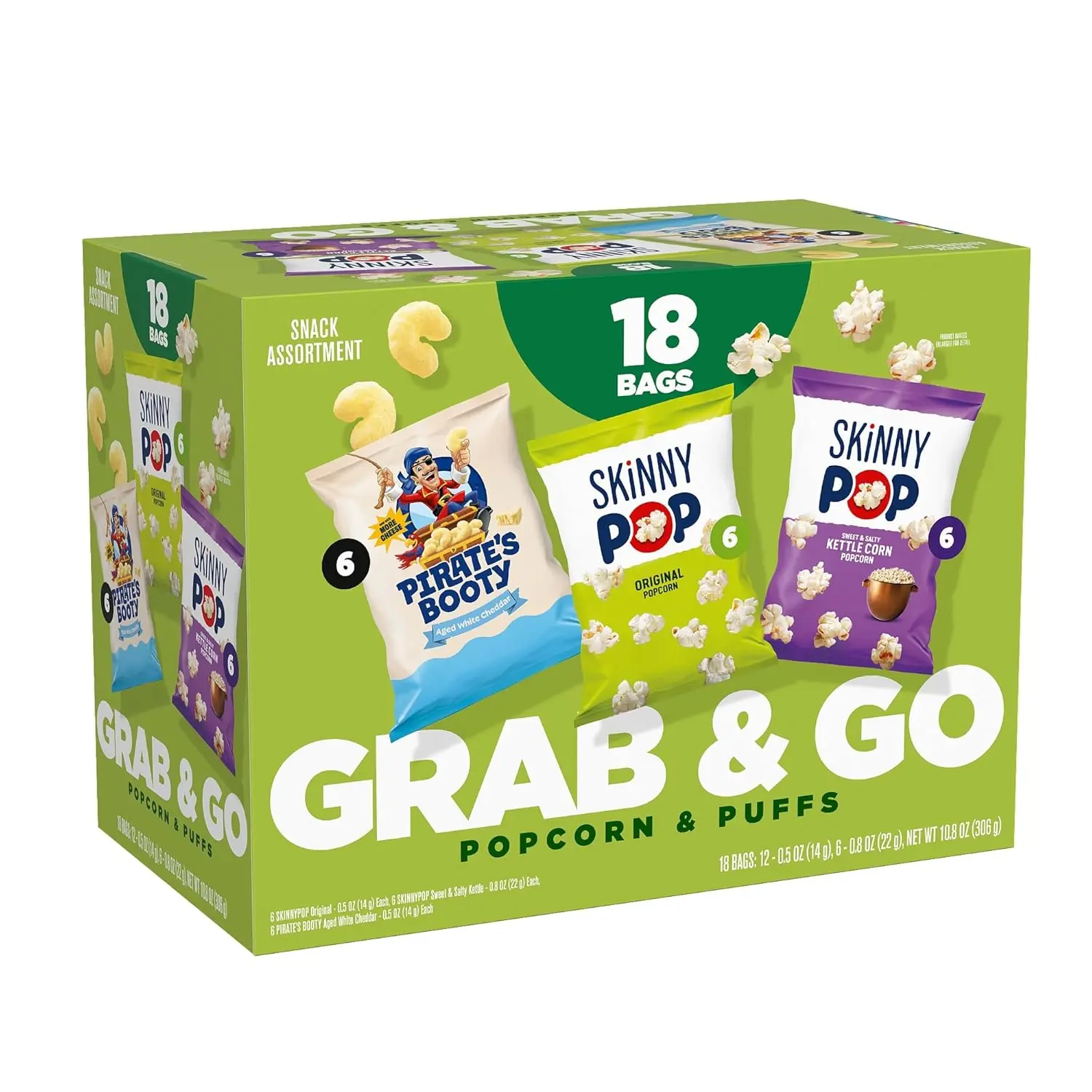 SkinnyPop Popcorn & Pirate's Booty Cheese Puffs, Snacks Variety Pack, 18 ct | Original Popcorn, Kettle Corn and Pirate's Booty Cheese Puffs, Gluten Free Variety Snack Bags for On-the-Go, 18 bags