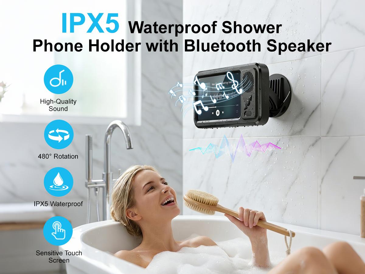 Waterproof box speaker, bathroom waterproof360 rotating touch screen, Bluetooth speaker,watch movies, listen to music, phone holderBluetooth speaker audio shower TV holder,swimming pool, kitchen, bathroom, sink