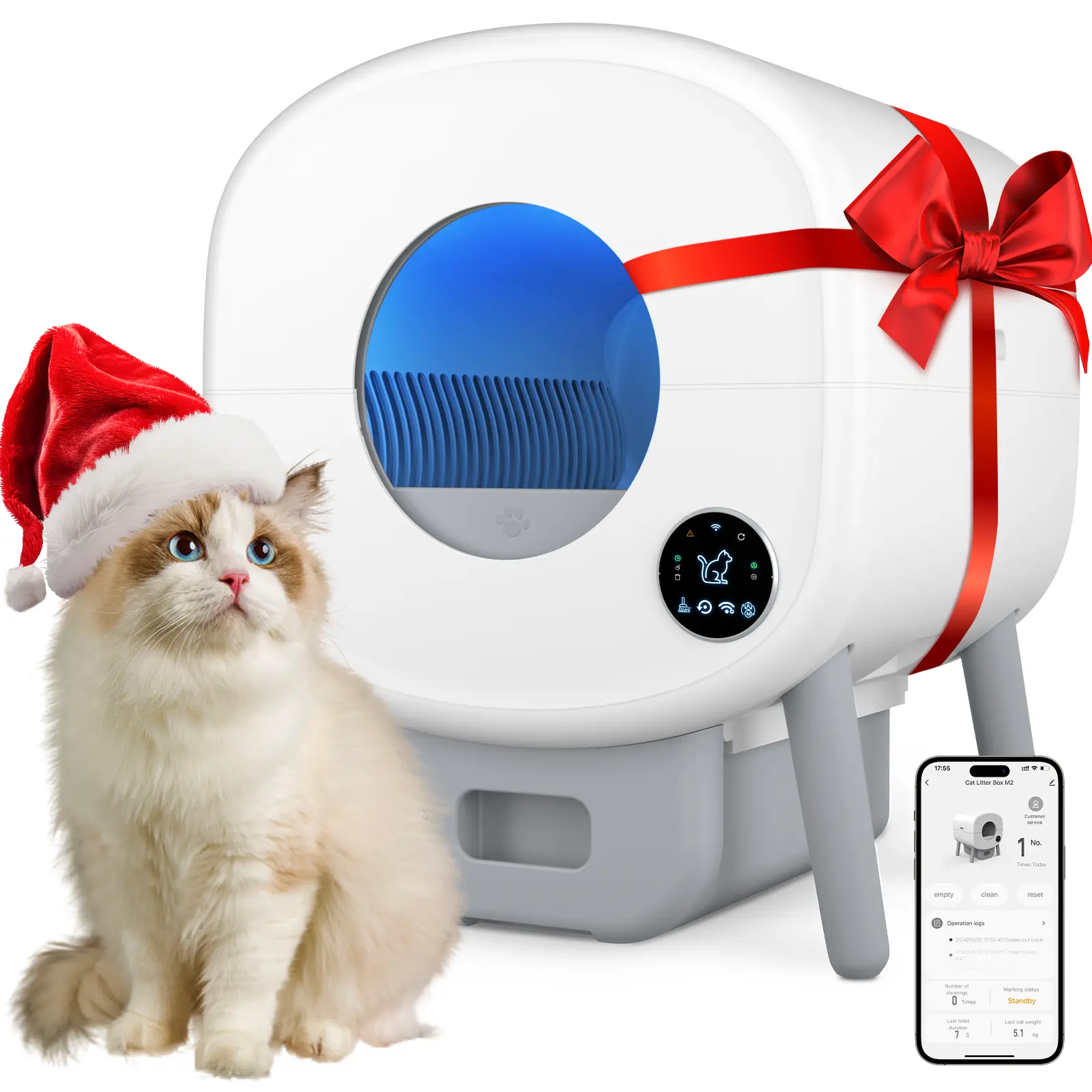 ECORUI Self - Cleaning - Litter Box, Large Capacity Automatic Cat Litter Box Self - Cleaning for Cats, App Control,Safety Protection, 2 Roll Garbage Bags,White & Grey