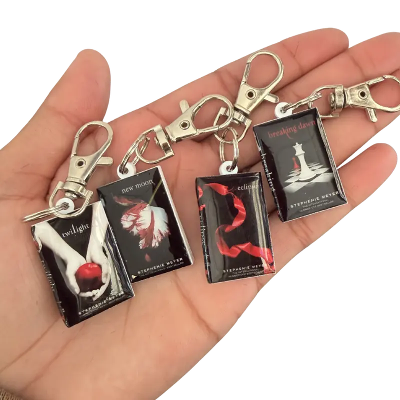 Twilight Series 4 Books 3D Acrylic Character Keychains - TV Shows Themed, Resin-Coated Spine & Cover Art Key Charms, Smooth Clicker Clip, Aesthetic DIY Fashion Accessory with Bag Charm Styling for Purses