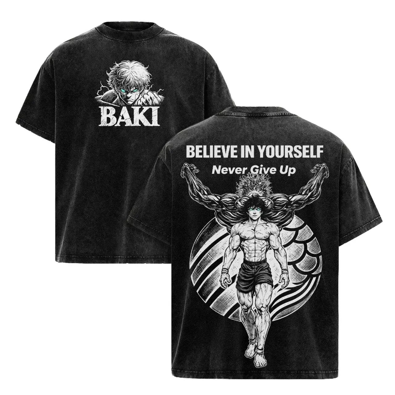 Baki Hanma Vintage Acid Wash T-Shirt, Grappler Anime Tee, Fighting Spirit Graphic Vintage Washed Tee, Men Oversized Anime Graphic Tee Demon Back Gym Pump Cover Workout Streetwear Shirt, 90s graphic good tees Casual American Short Sleeve T-shirt Menswear
