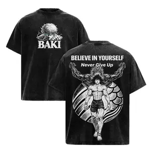 Baki Hanma Vintage Acid Wash T-Shirt, Grappler Anime Tee, Fighting Spirit Graphic Vintage Washed Tee, Men Oversized Anime Graphic Tee Demon Back Gym Pump Cover Workout Streetwear Shirt, 90s graphic good tees Casual American Short Sleeve T-shirt Menswear