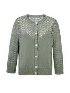 Women's Lightweight Sage Green Cardigan Sweater, 3/4 Sleeve Round Neck Button Down Pointelle Knit Summer Sweater Jacket