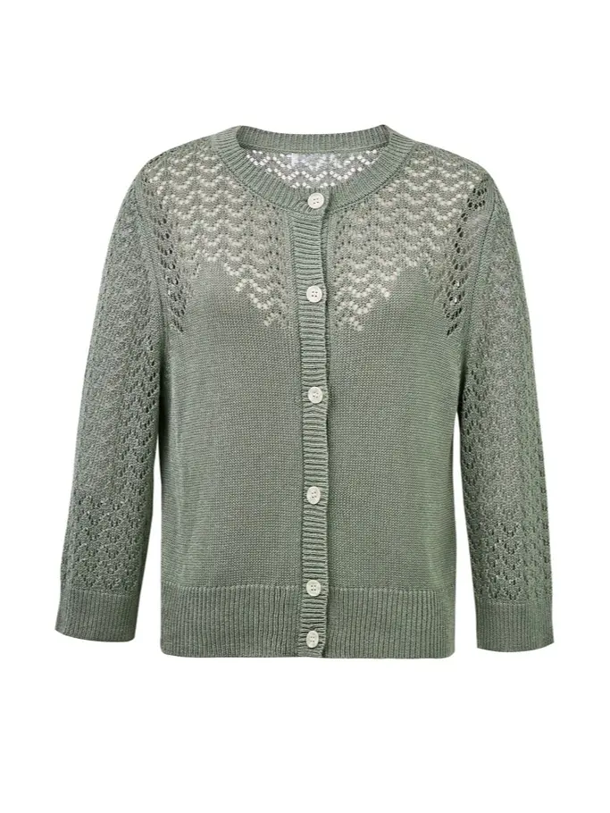 Women's Sage Green Viscose Yarn Pointelle Knit Cardigan - Lightweight, 3/4 Sleeve, Round Neck, Button-Down, Drape Tops, Summer Knitwear Jacket