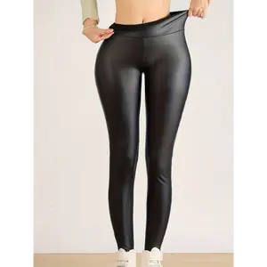 Women's High-Waist Fleece-Lined PU Leather Leggings - Stretchy, Warm Workout Tights in Solid Colors