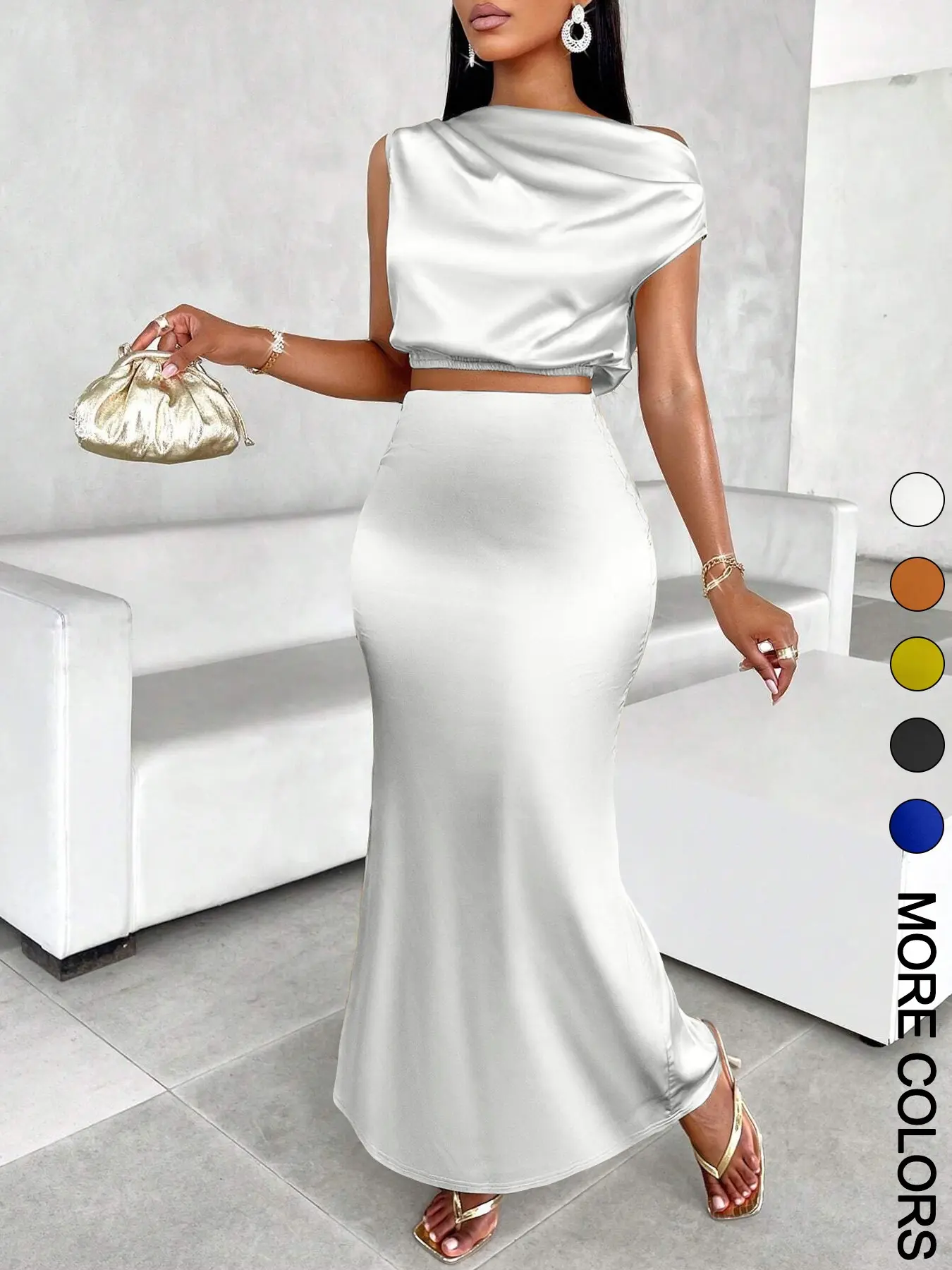 Women's Solid Asymmetrical Neck Top & Mermaid Skirt Satin Two-piece Set,  Chic Feminine Elegant Fashion Casual Top & Skirt for Daily Outdoor Wear,  Women's Clothing for All Seasons, Womenswear - TikTok Shop