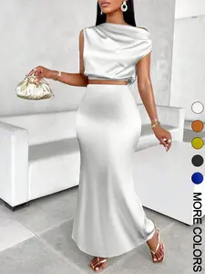 Women's Solid Asymmetrical Neck Top & Mermaid Skirt Satin Two-piece Set, Chic Feminine Elegant Fashion Casual Top & Skirt for Daily Outdoor Wear, Women's Clothing for All Seasons, Womenswear