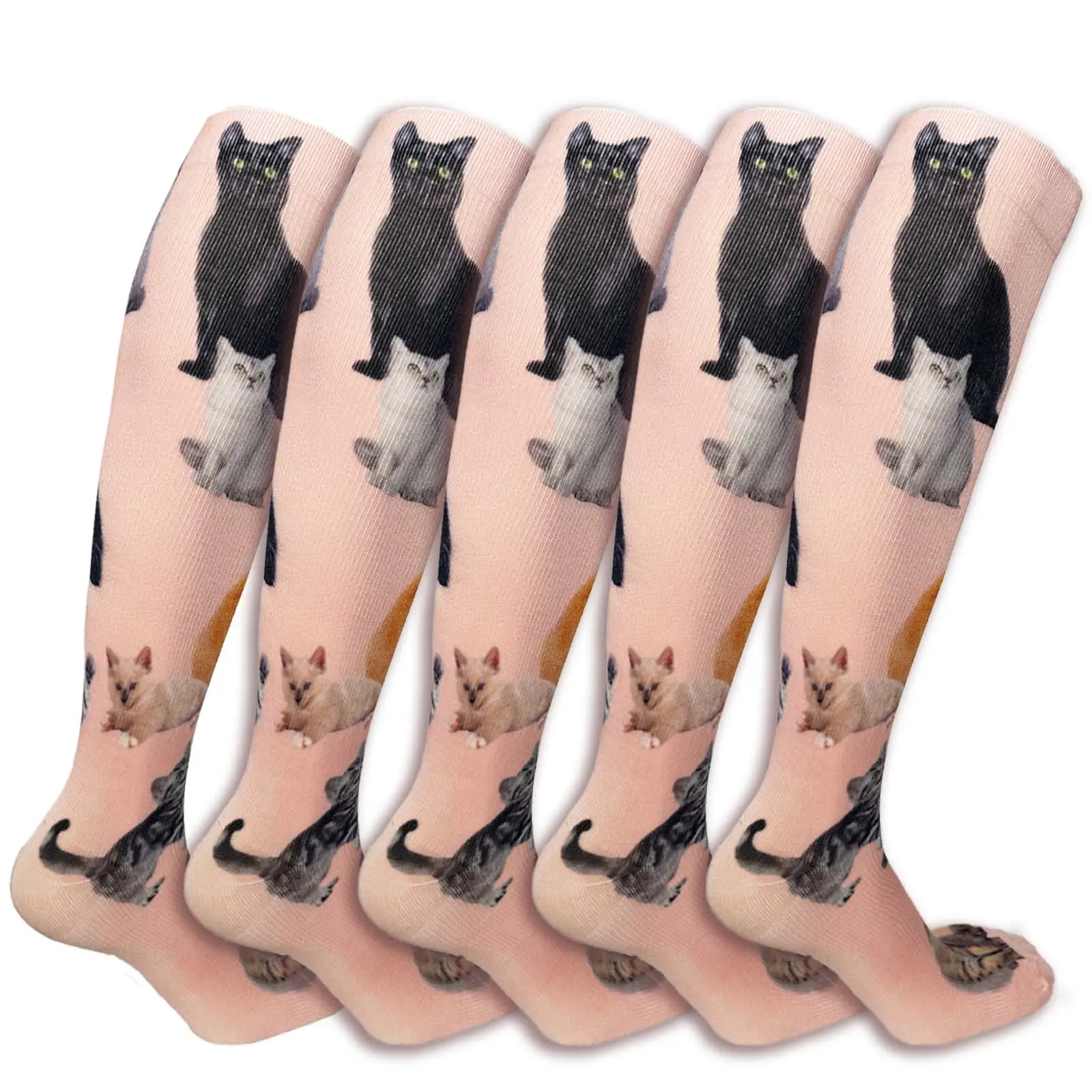 GTXVZYS 5 Pairs Pink Cat Pattern Knee High Socks Soft Cotton Fabric Lightweight Breathable Comfortable Fit for Home & Indoor Wear Cute Art Design Elastic Unique Cat Lover Essential Conversation Piece