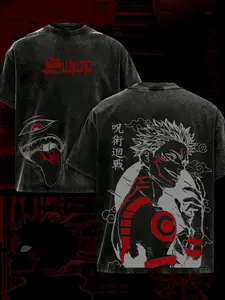 Jujutsu Kaisen Sukuna Oversized Washed T-Shirt | Double-Sided Anime Graphic Print | Vintage Streetwear Menswear for TikTok Fits | Trending #AnimeStreetwear #JujutsuKaisen #Sukuna #AnimeMerch #OversizedTee