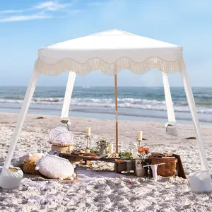 AMMSUN Beach Cabana with Fringe, 7' x 7' Boho Beach Canopy with Tassels beach tent, Easy Set up & Premium Wood Pole, Cabana Tent with Sand Pockets, Instant Sun Shade for Sand, Garden, Patio, Elegant White