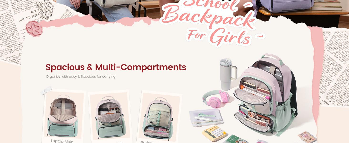 LOVEVOOK School Backpack for Teen Girls, Unique Style College Student Backpacks with Large Cup Holder, Cute Kid Bookbag with Pens Compartment, Large Capacity Back to School Backpack Fit 15.6'' Laptop