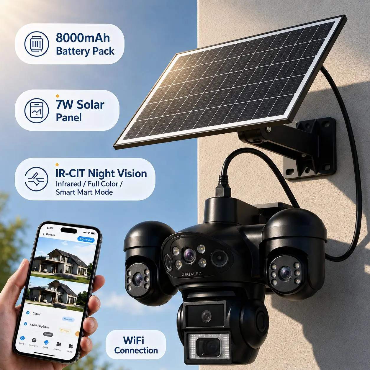 【BackToSchool】4K Solar Security Camera, Triple-Lens 3-Angle View Monitoring, 8000mAh Solar Powered, Wireless WiFi IP66 Waterproof Camera with Two-Way Audio for Home & Garage